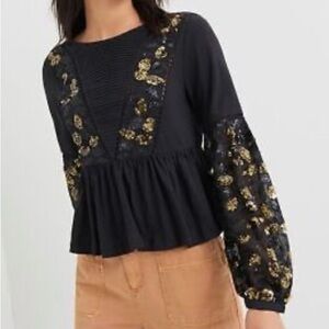 Anthropologie Neale Sequined Peplum Top gold sequin balloon sleeves size medium